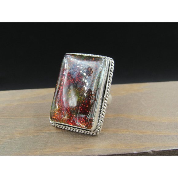Size 4.5 Sterling Silver Large Handmade Glass Resin Band Ring Vintage Statement - Picture 3 of 9